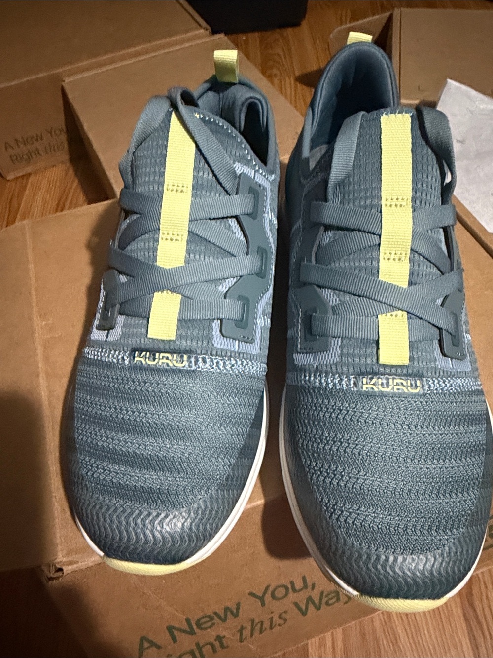 KURU Woman’s Knit Sneaker in Slate Blue with Yellow Accents